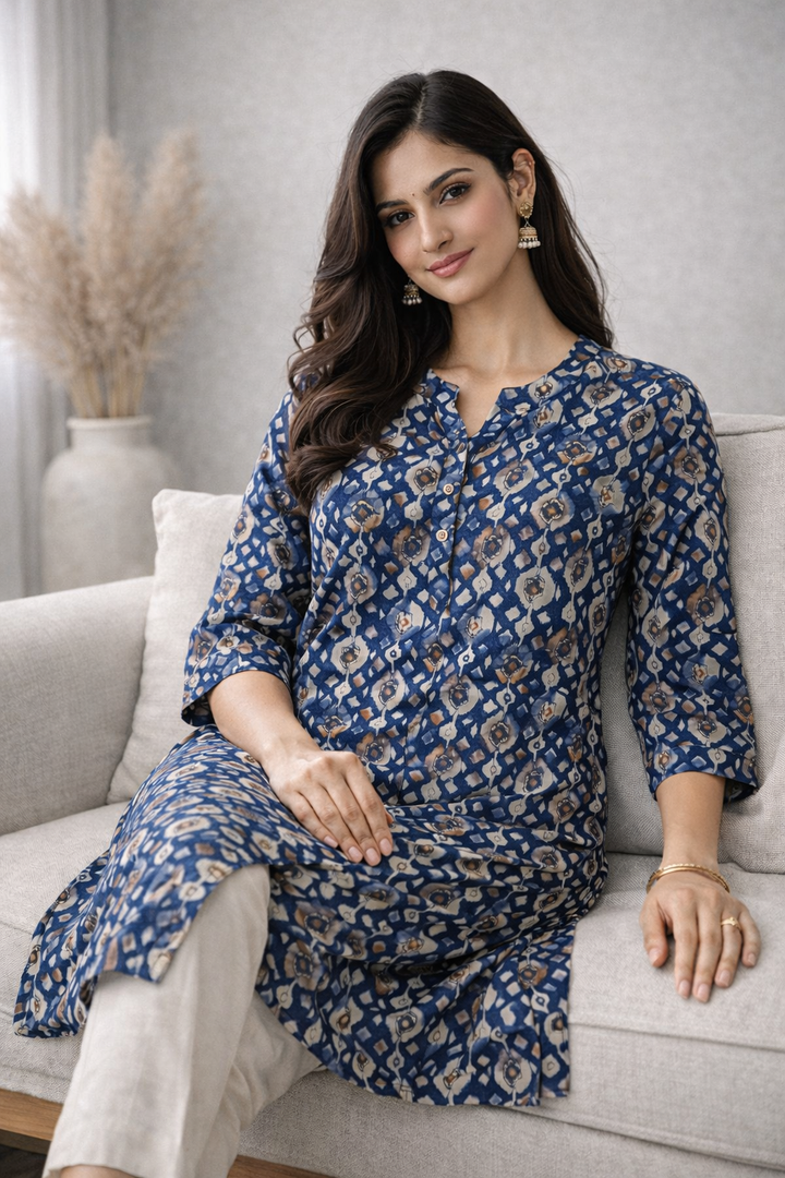 Abstract Diamond Print Teal Blue Kurta - 24494