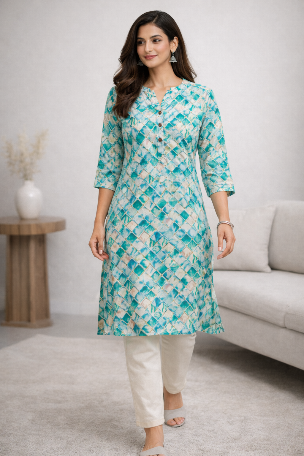 Women's Teal & Aqua Mosaic Print Straight Cotton Kurti with Gold Accents - 24498