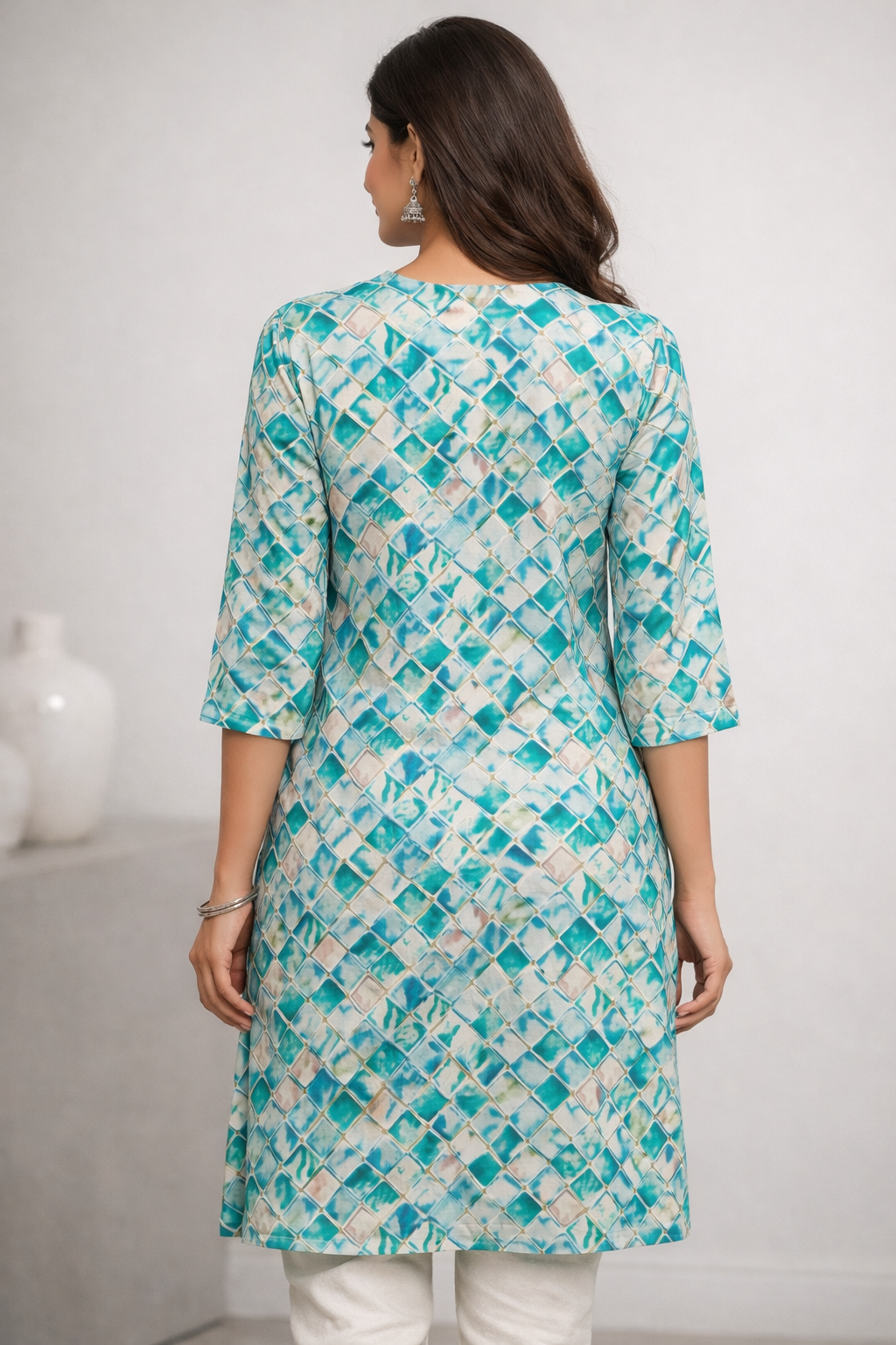 Women's Teal & Aqua Mosaic Print Straight Cotton Kurti with Gold Accents - 24498
