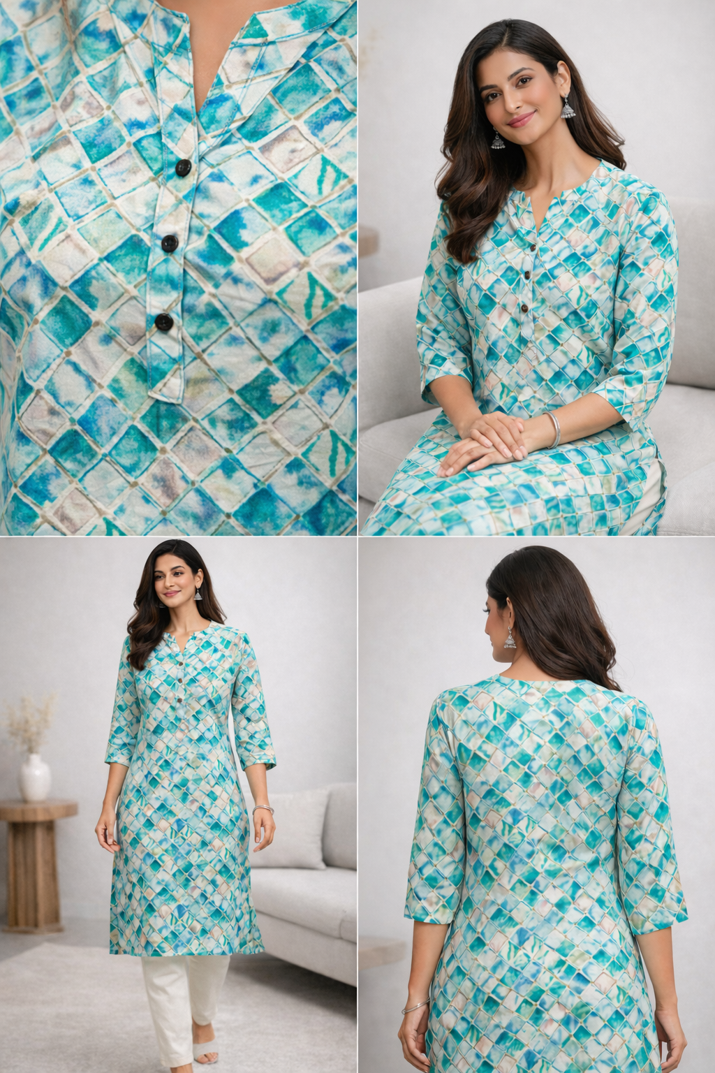 Women's Teal & Aqua Mosaic Print Straight Cotton Kurti with Gold Accents - 24498