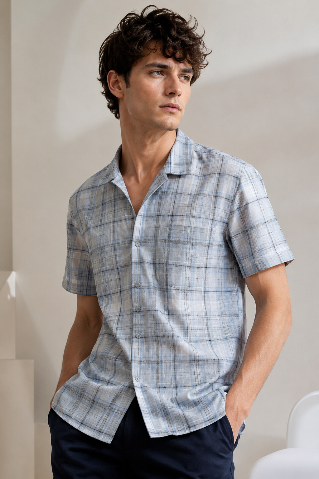 Grey & Blue Slub-Textured Checked Casual Shirt - 27033