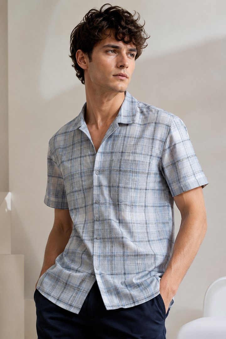 Grey & Blue Slub-Textured Checked Casual Shirt - 27033