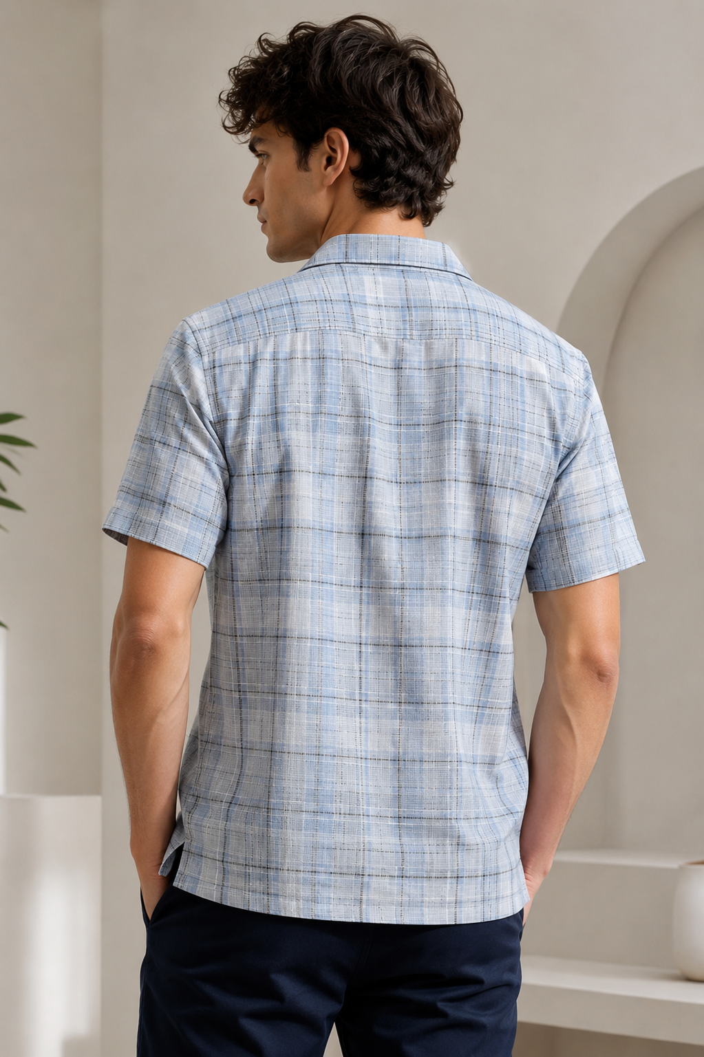 Grey & Blue Slub-Textured Checked Casual Shirt - 27033