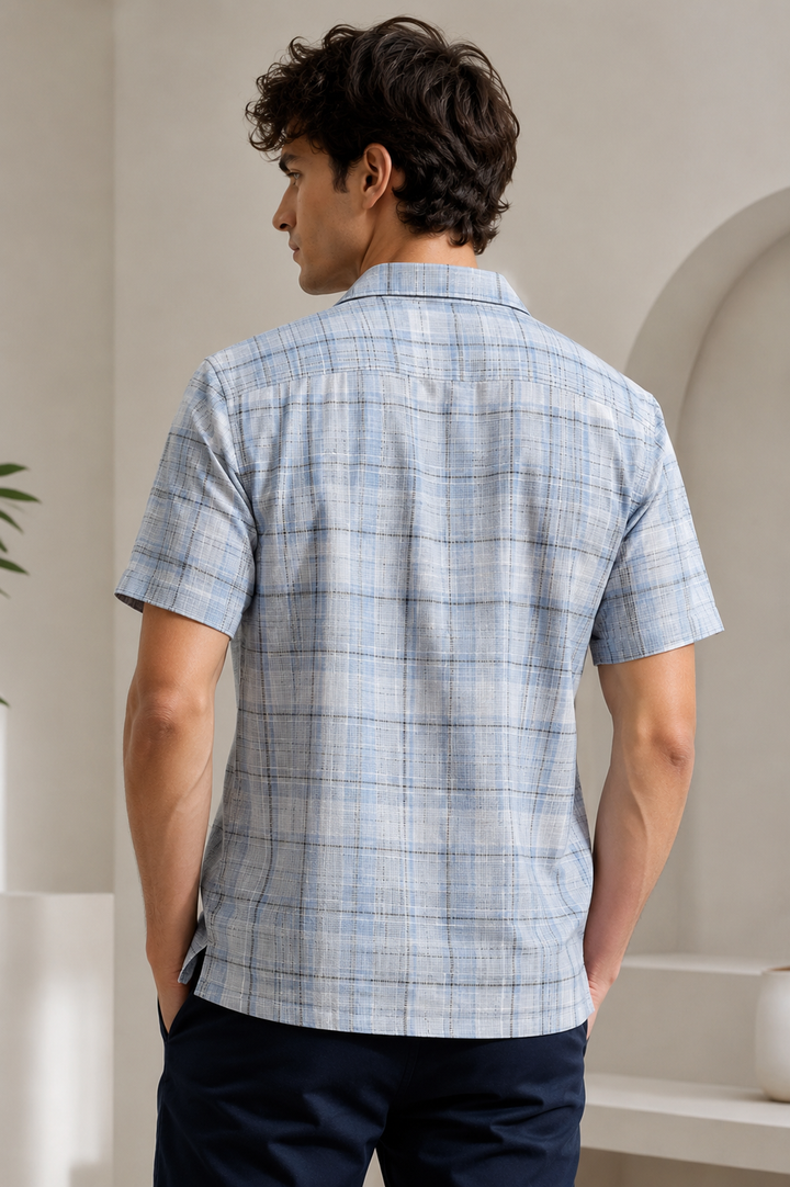 Grey & Blue Slub-Textured Checked Casual Shirt - 27033