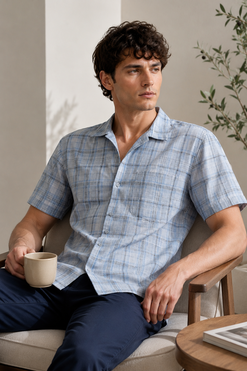 Grey & Blue Slub-Textured Checked Casual Shirt - 27033