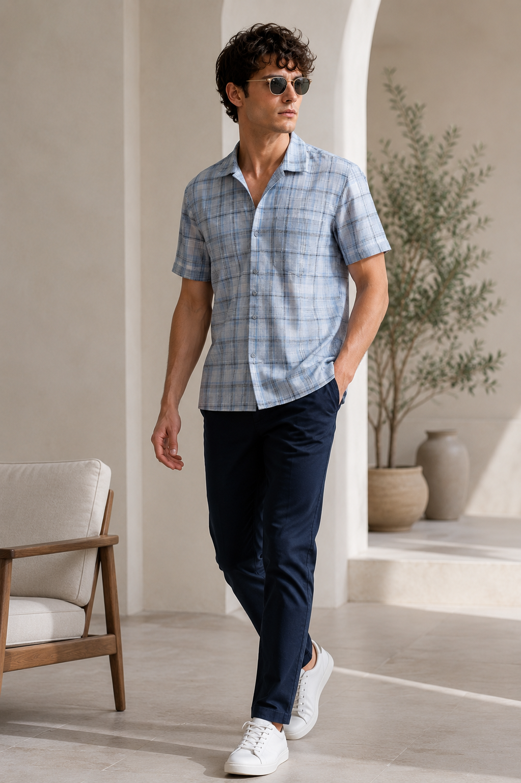 Grey & Blue Slub-Textured Checked Casual Shirt - 27033