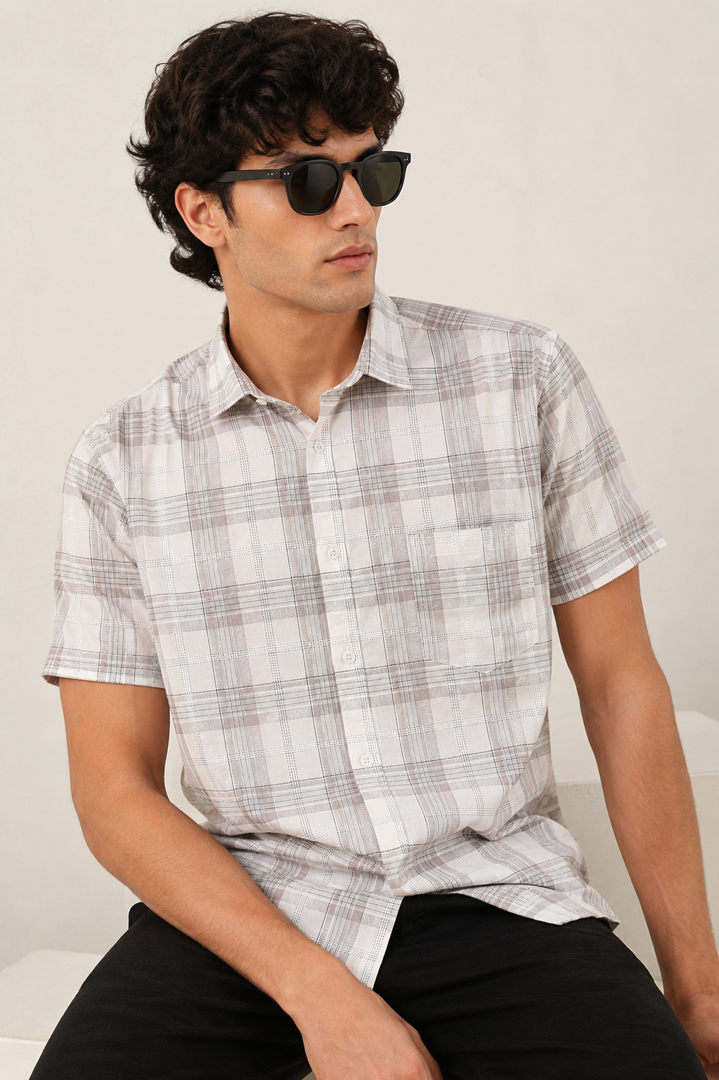 Beige & Taupe Textured Large Check Casual Shirt - 27007