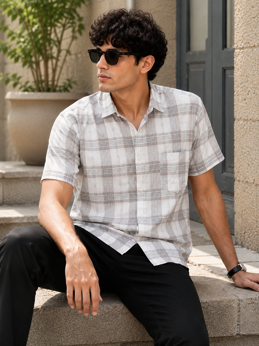 Beige & Taupe Textured Large Check Casual Shirt - 27007