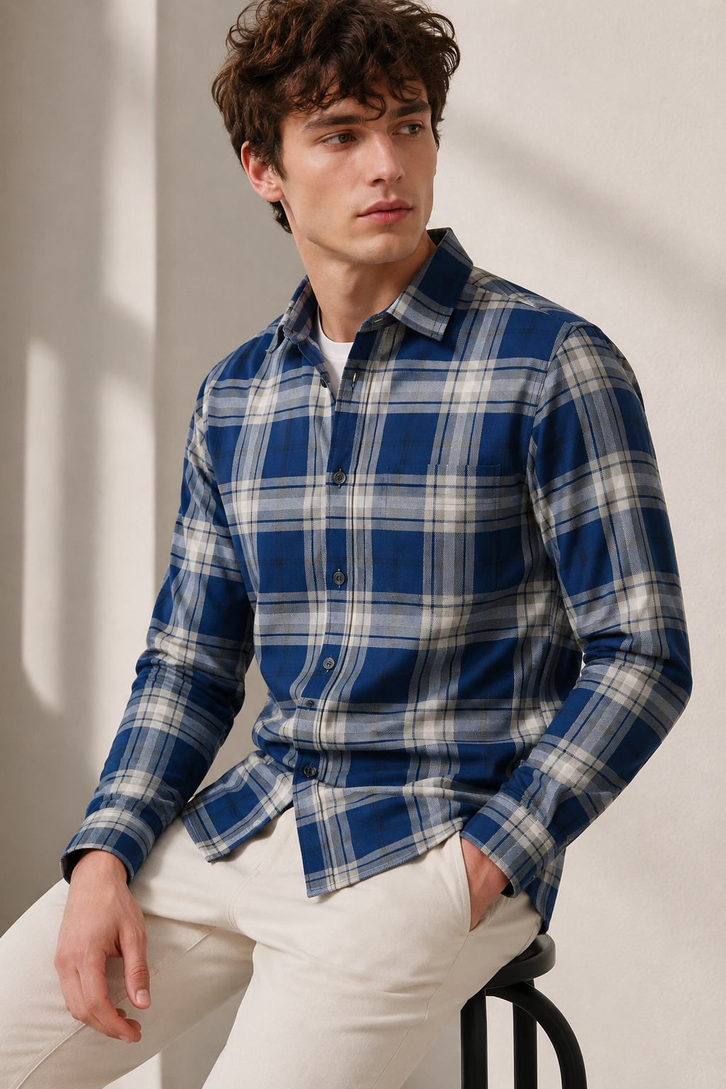 Navy & Grey Premium Cotton Checkered Casual Shirt - 25669