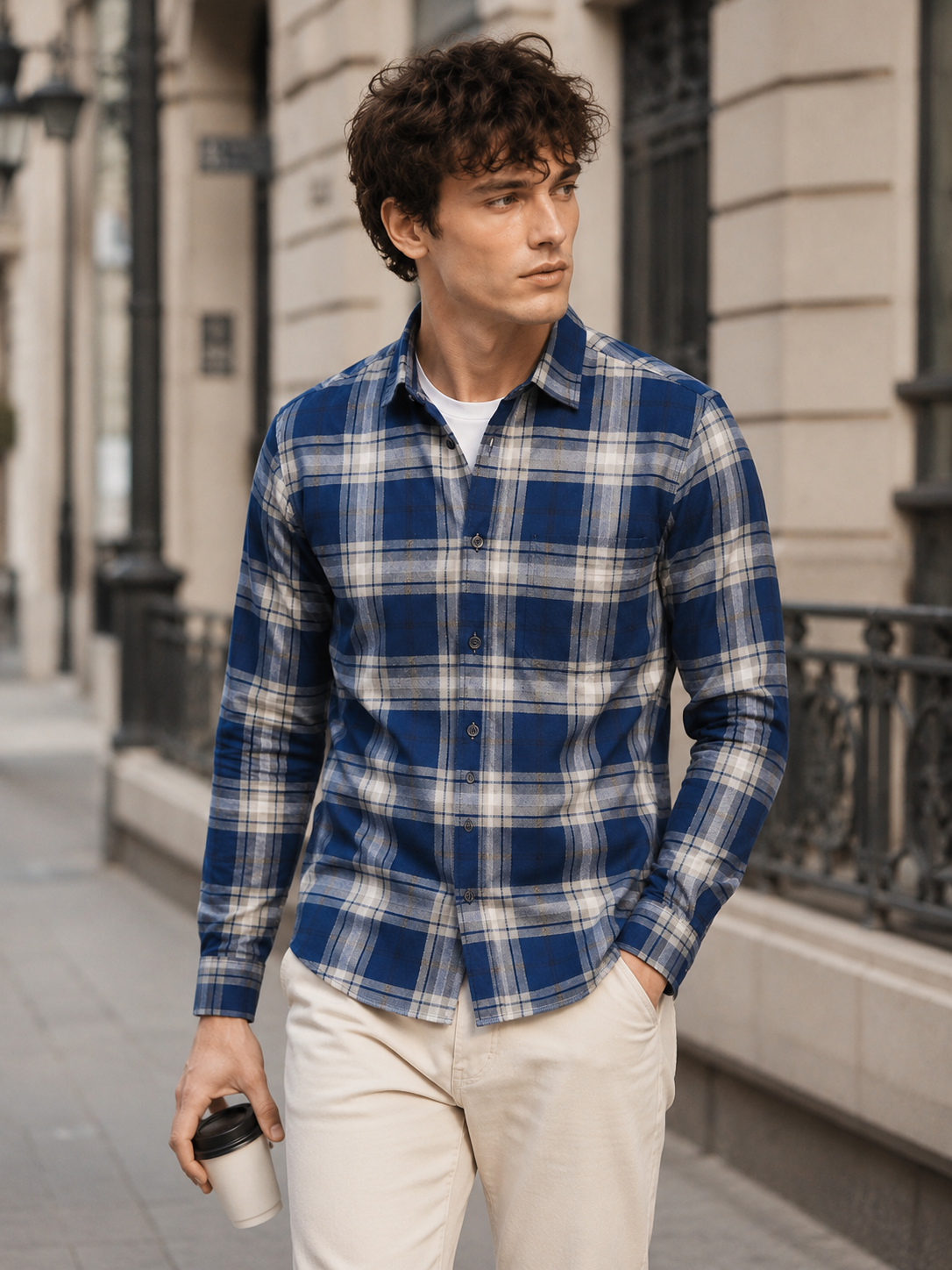 Navy & Grey Premium Cotton Checkered Casual Shirt - 25669