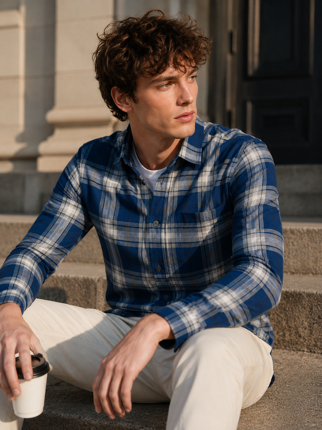 Navy & Grey Premium Cotton Checkered Casual Shirt - 25669
