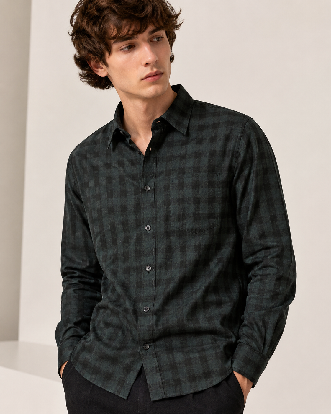 Forest Green & Black Premium Cotton Gingham Check Shirt - 25664