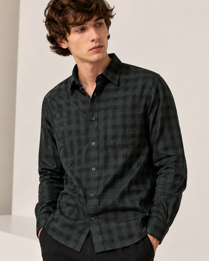 Forest Green & Black Premium Cotton Gingham Check Shirt - 25664