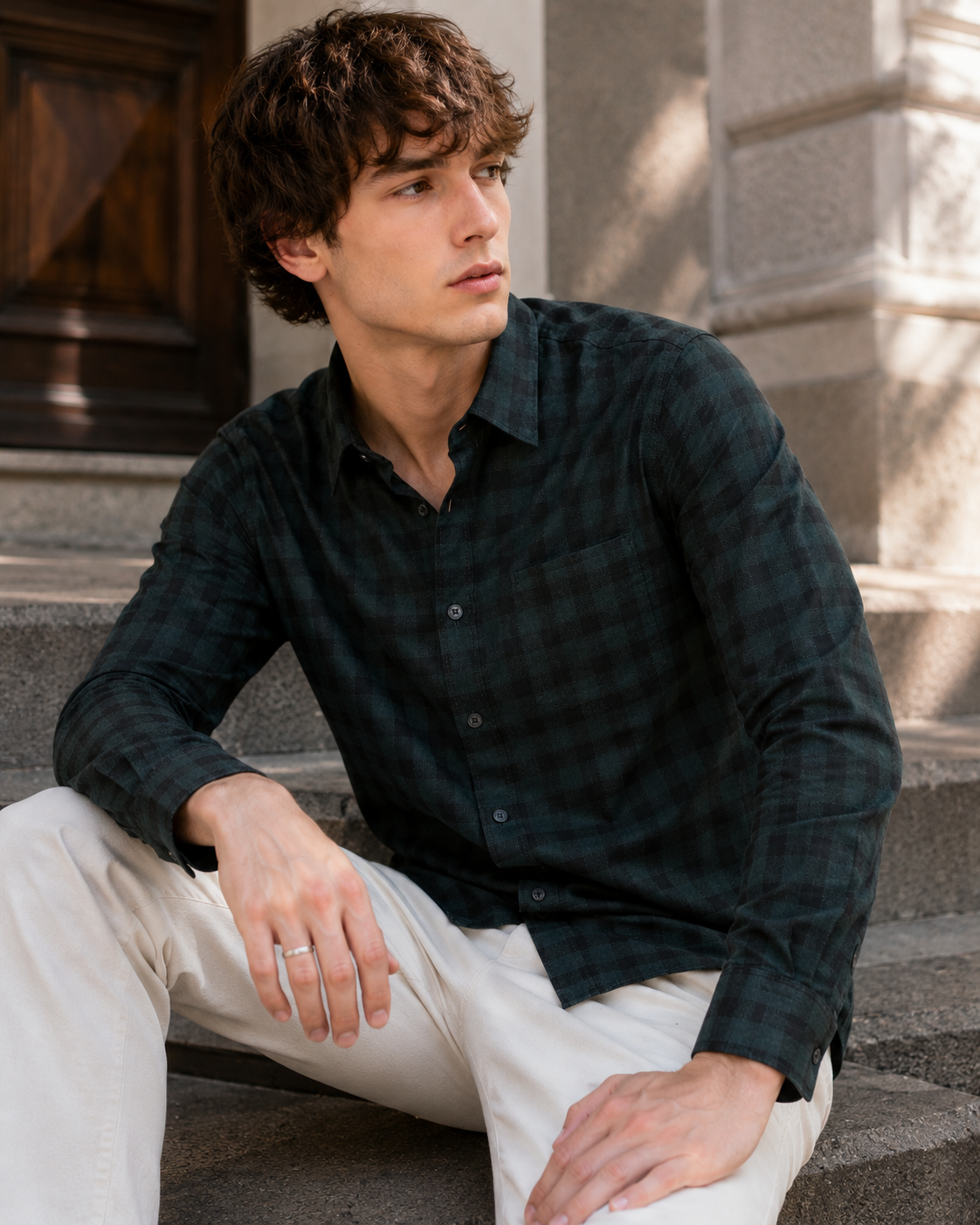Forest Green & Black Premium Cotton Gingham Check Shirt - 25664