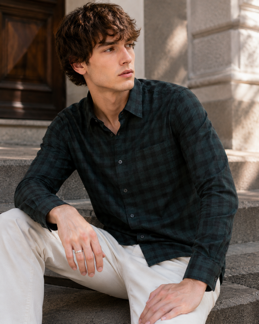 Forest Green & Black Premium Cotton Gingham Check Shirt - 25664
