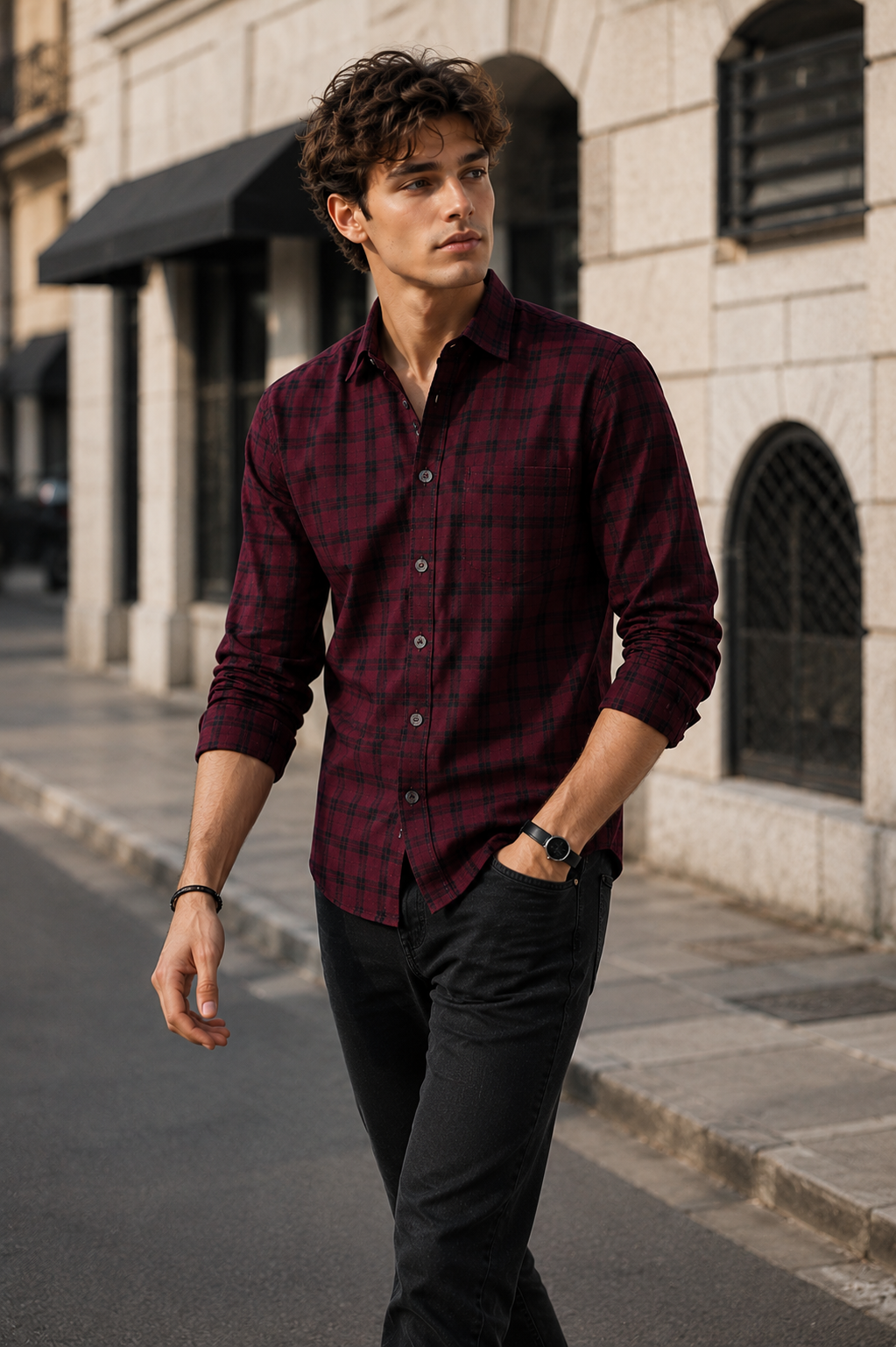 Wine Maroon & Charcoal Windowpane Check Cotton Shirt - 25663