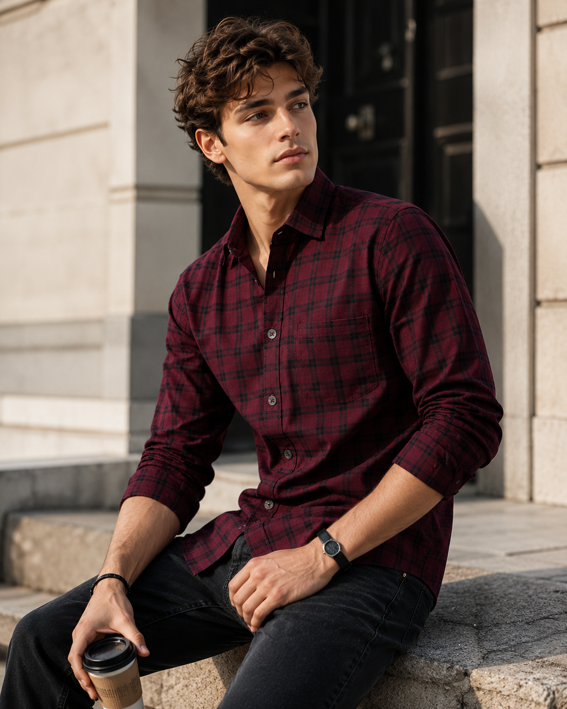 Wine Maroon & Charcoal Windowpane Check Cotton Shirt - 25663