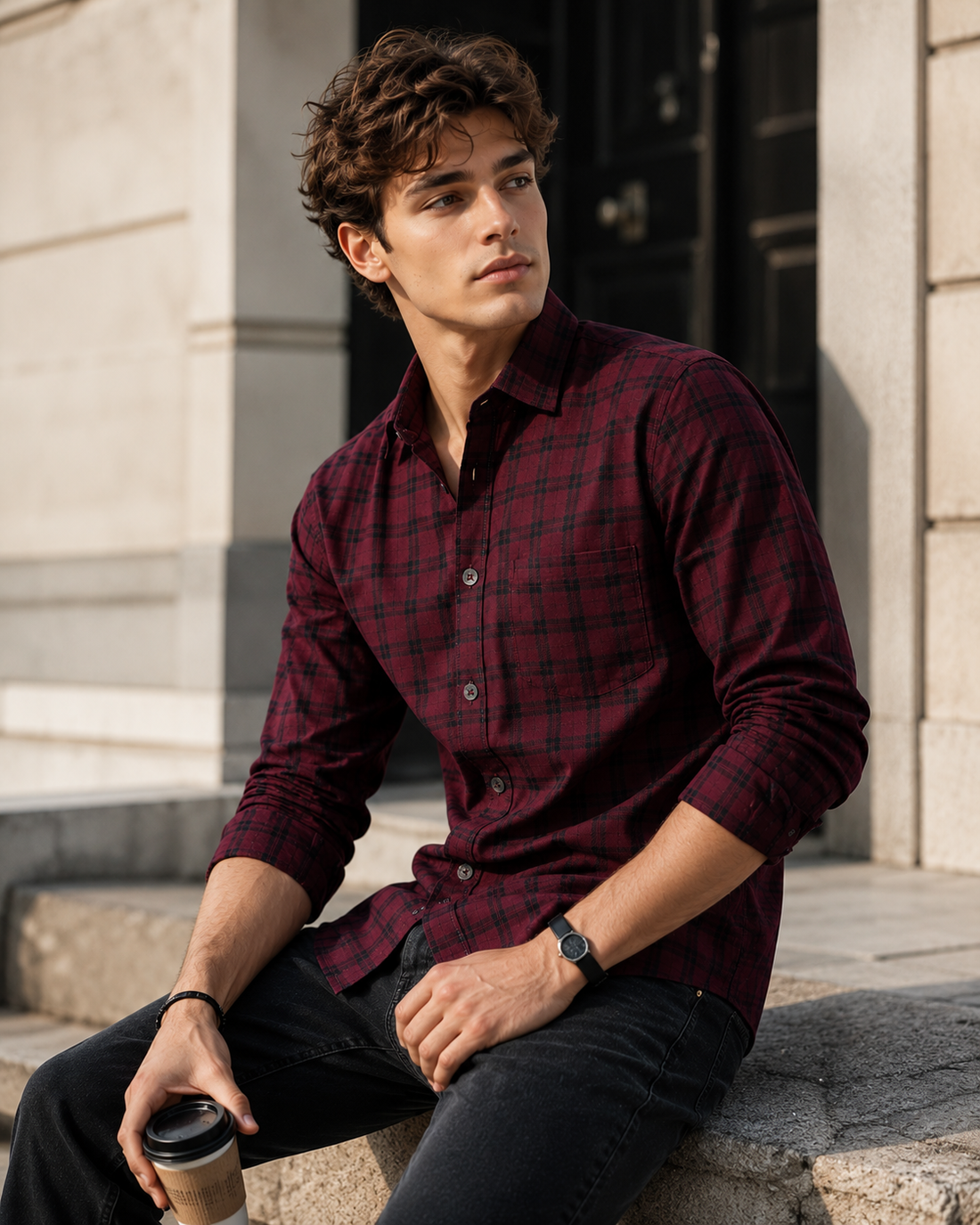 Wine Maroon & Charcoal Windowpane Check Cotton Shirt - 25663