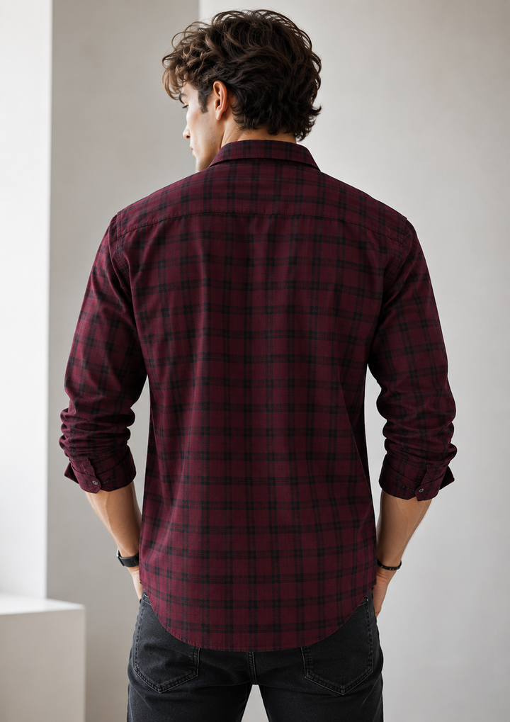 Wine Maroon & Charcoal Windowpane Check Cotton Shirt - 25663