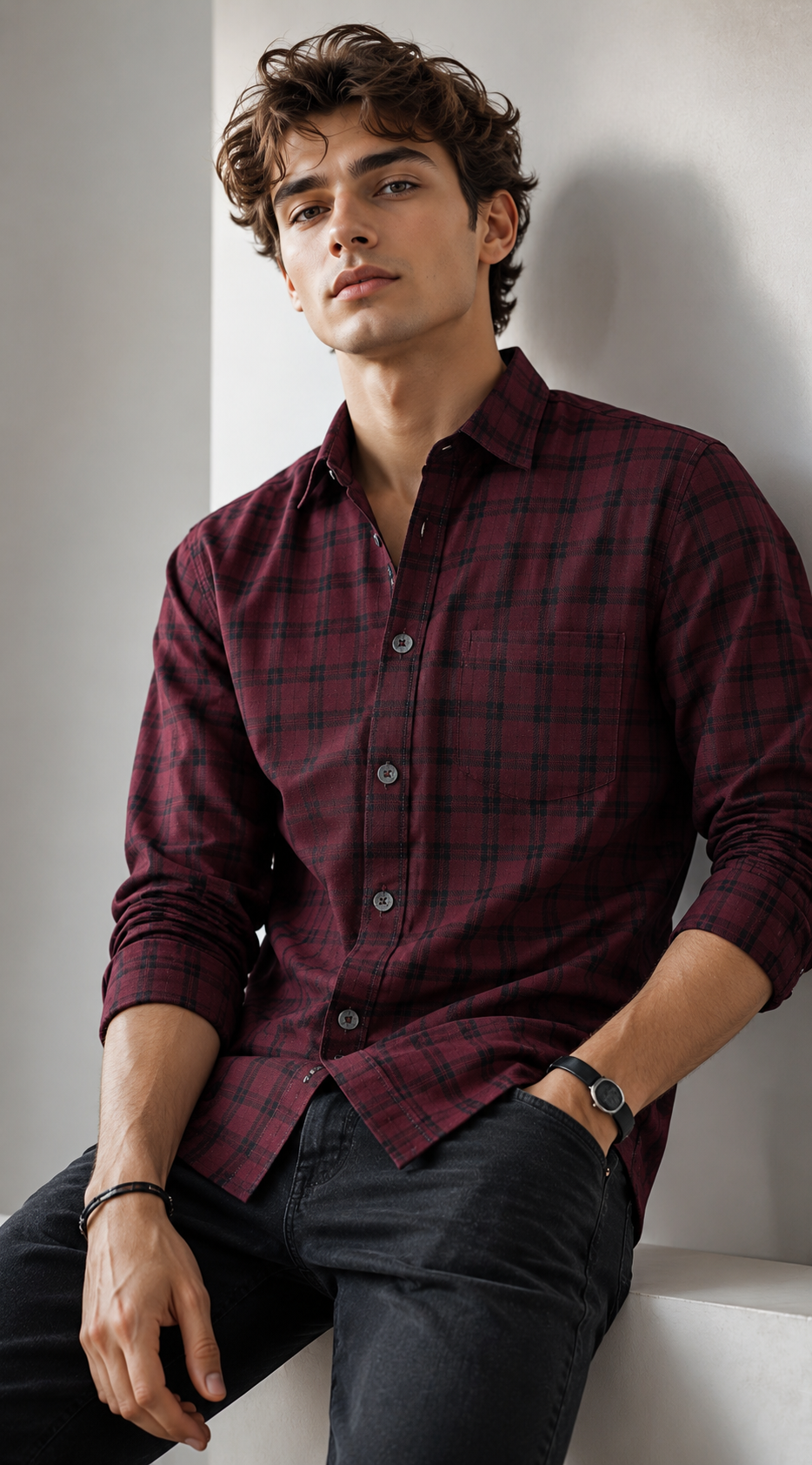 Wine Maroon & Charcoal Windowpane Check Cotton Shirt - 25663