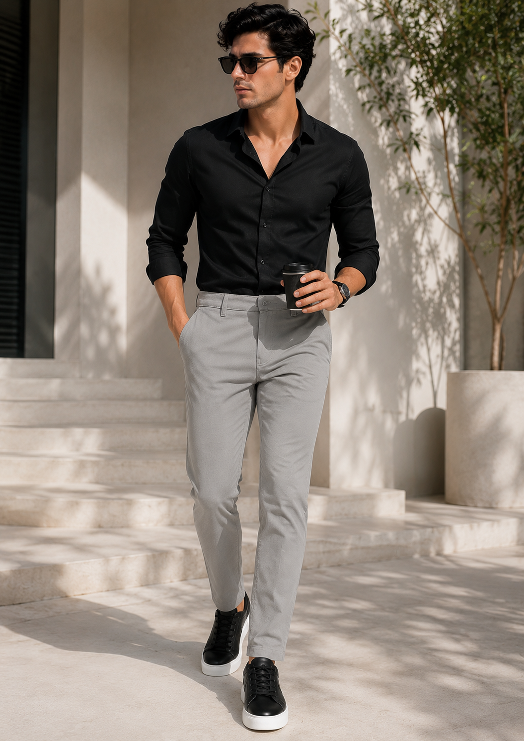 Precision-Cut Textured Formal Trousers in Stone Grey - 25496