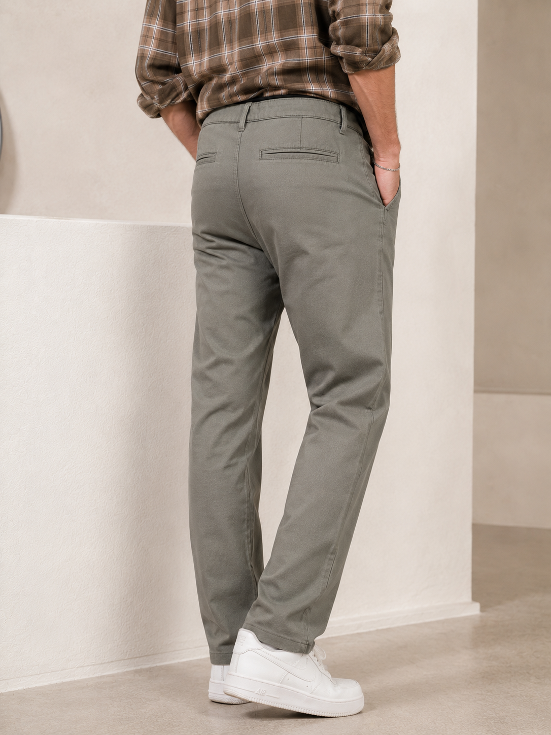 Men's Smart Fit Textured Formal Trousers – Premium Olive Grey Stretch Chinos - 25497