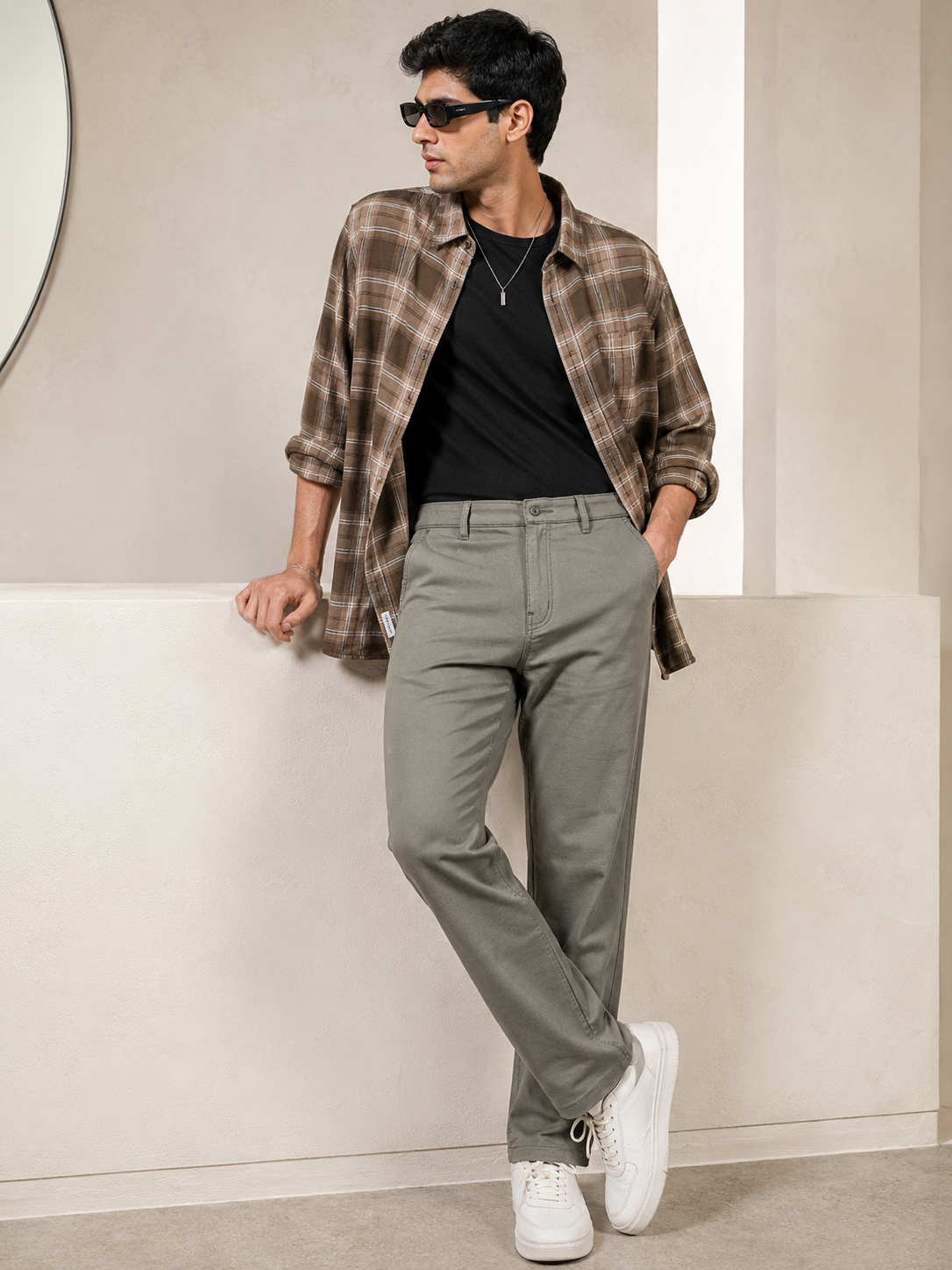 Men's Smart Fit Textured Formal Trousers – Premium Olive Grey Stretch Chinos - 25497