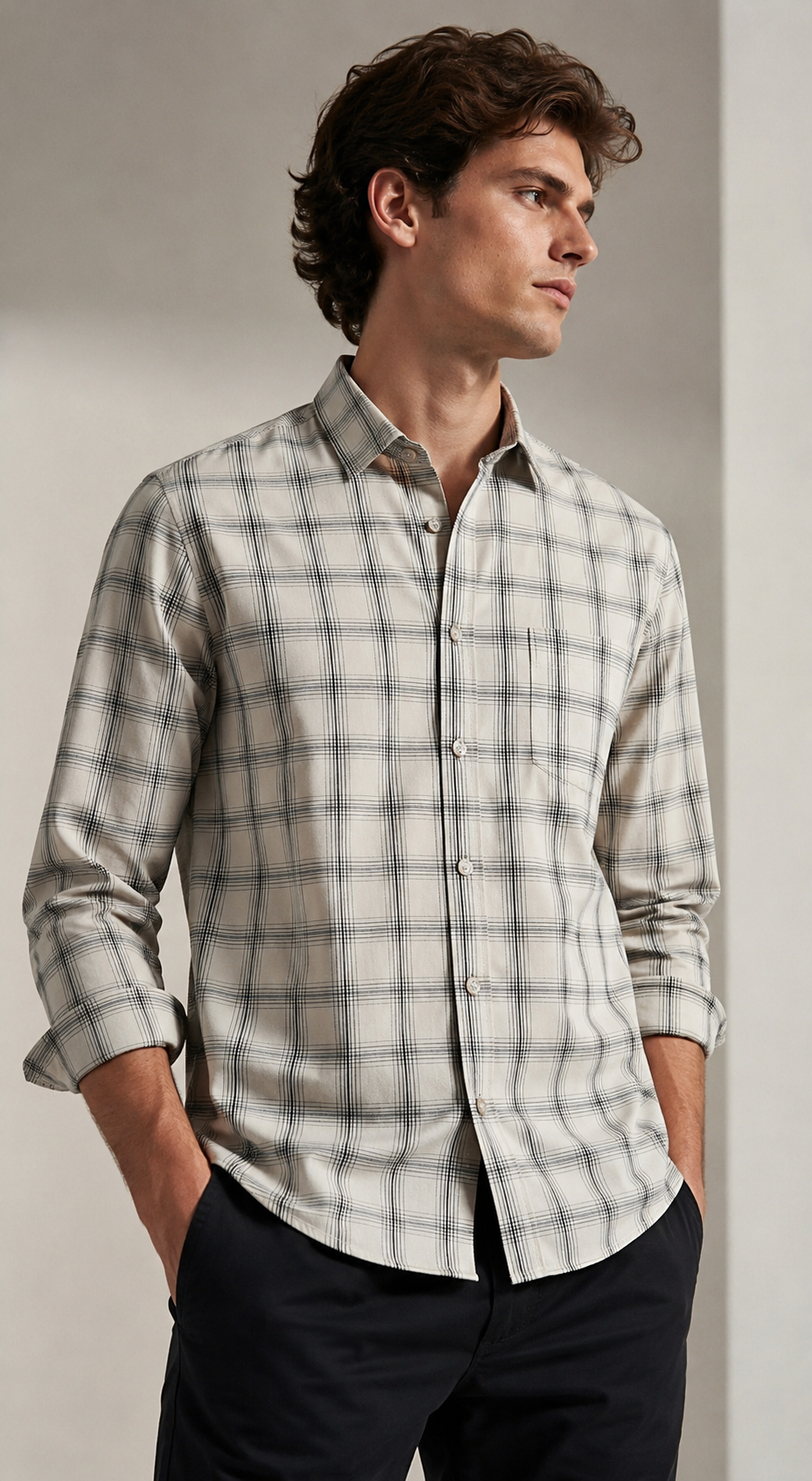 Beige and Black Tartan Check Regular Fit Formal Shirt - 23150