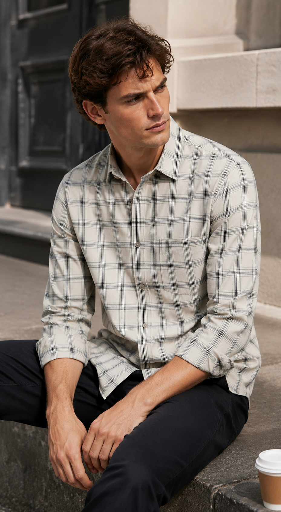 Beige and Black Tartan Check Regular Fit Formal Shirt - 23150