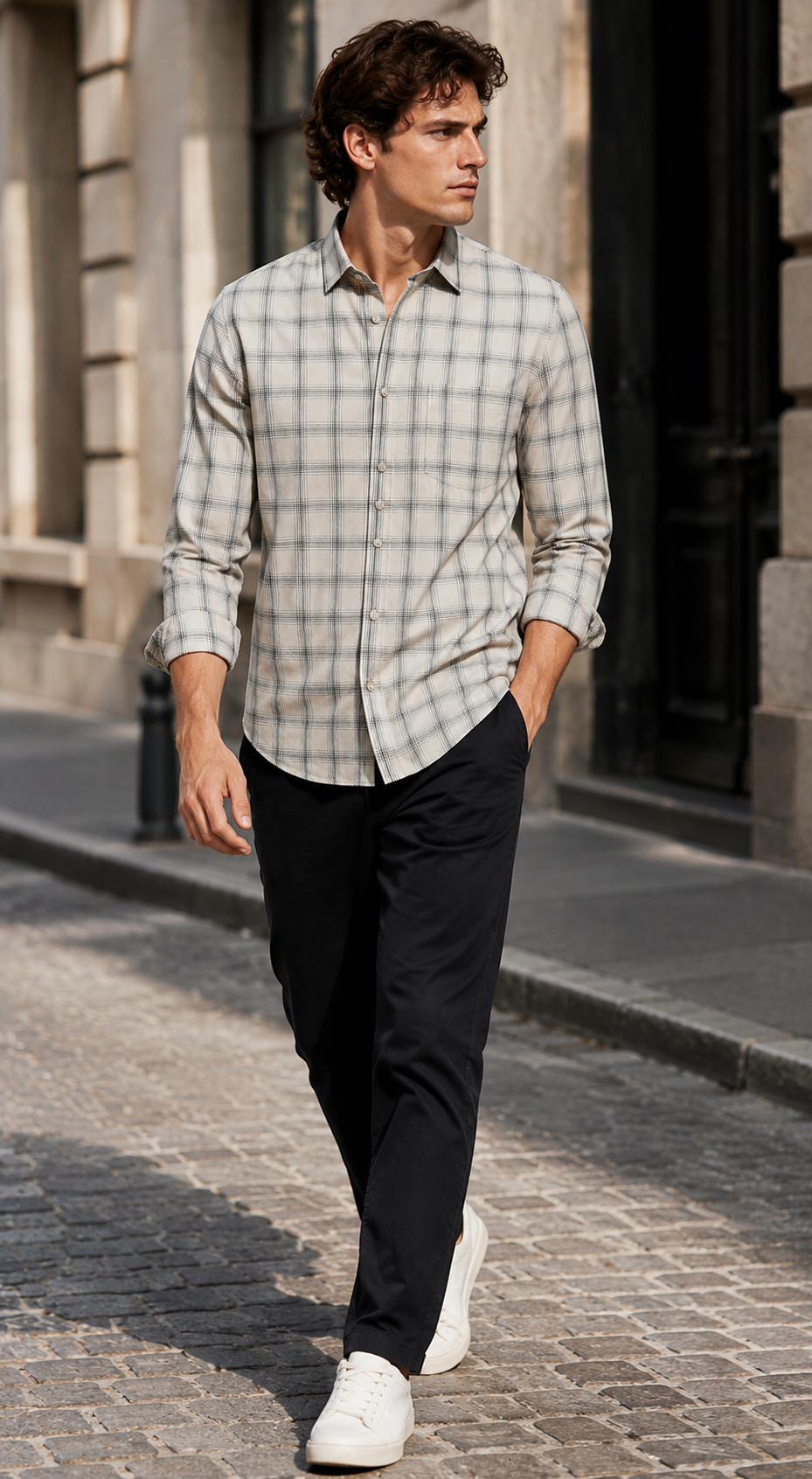 Beige and Black Tartan Check Regular Fit Formal Shirt - 23150