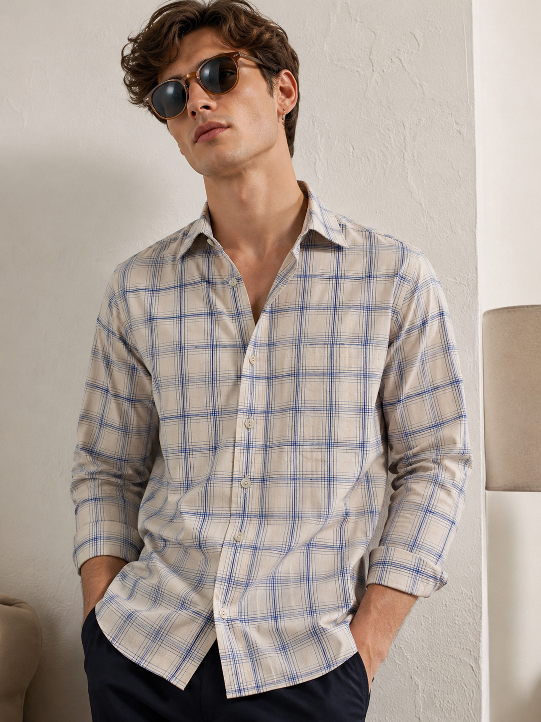 Cream & Blue Checkered Cotton Full Sleeve Shirt - 23148