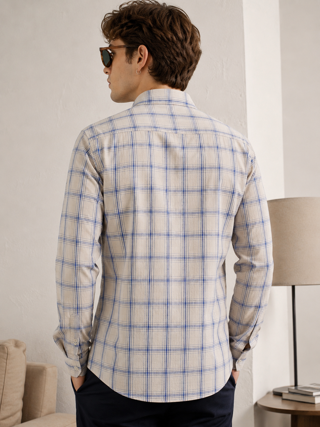 Cream & Blue Checkered Cotton Full Sleeve Shirt - 23148