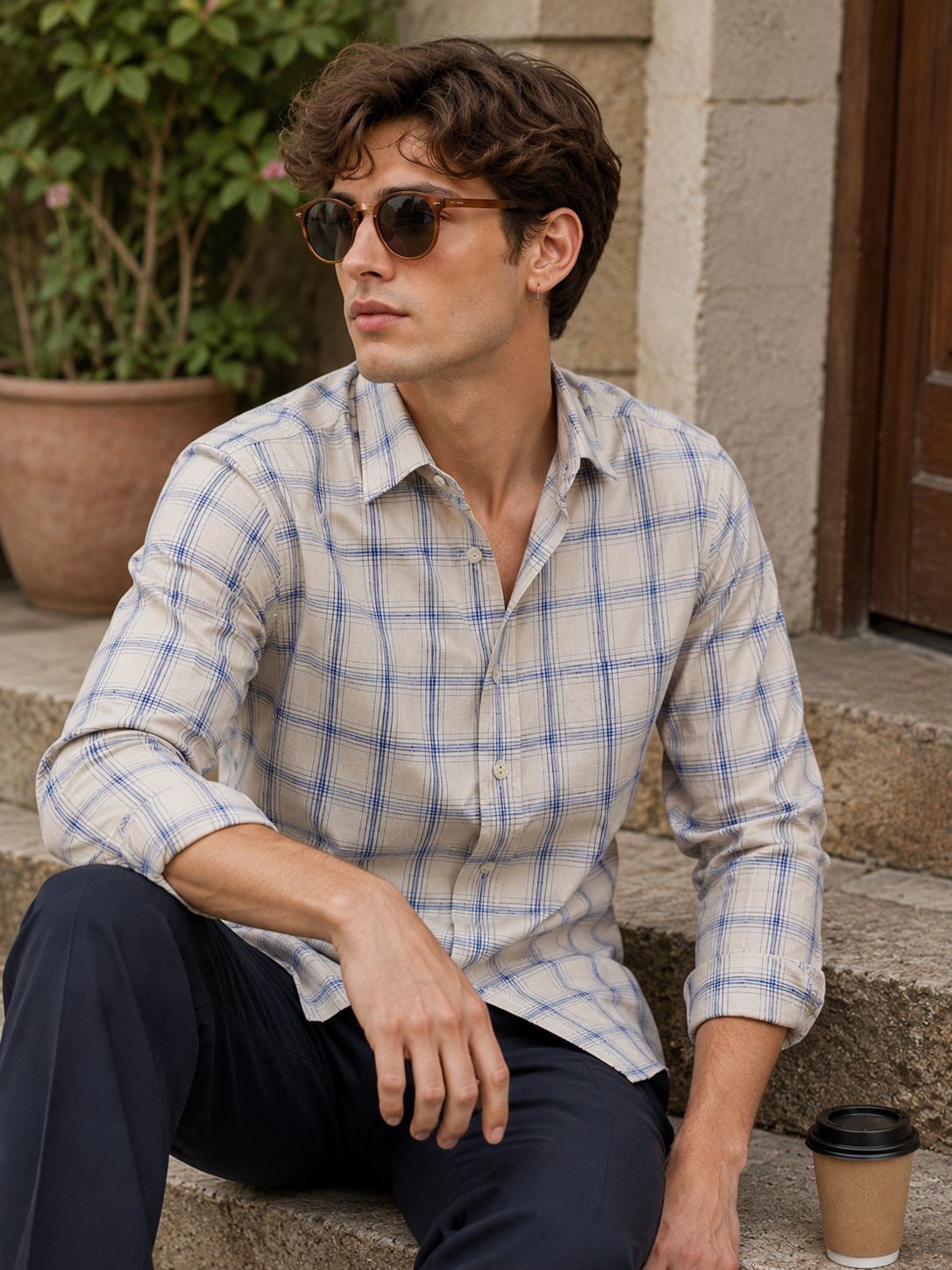 Cream & Blue Checkered Cotton Full Sleeve Shirt - 23148