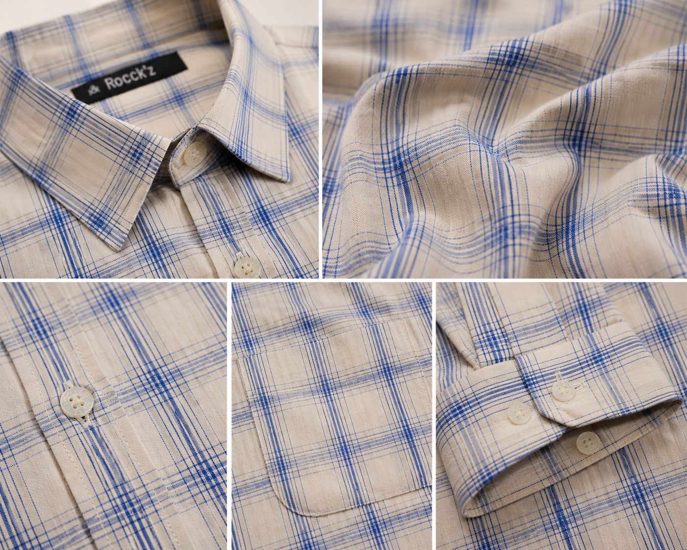 Cream & Blue Checkered Cotton Full Sleeve Shirt - 23148