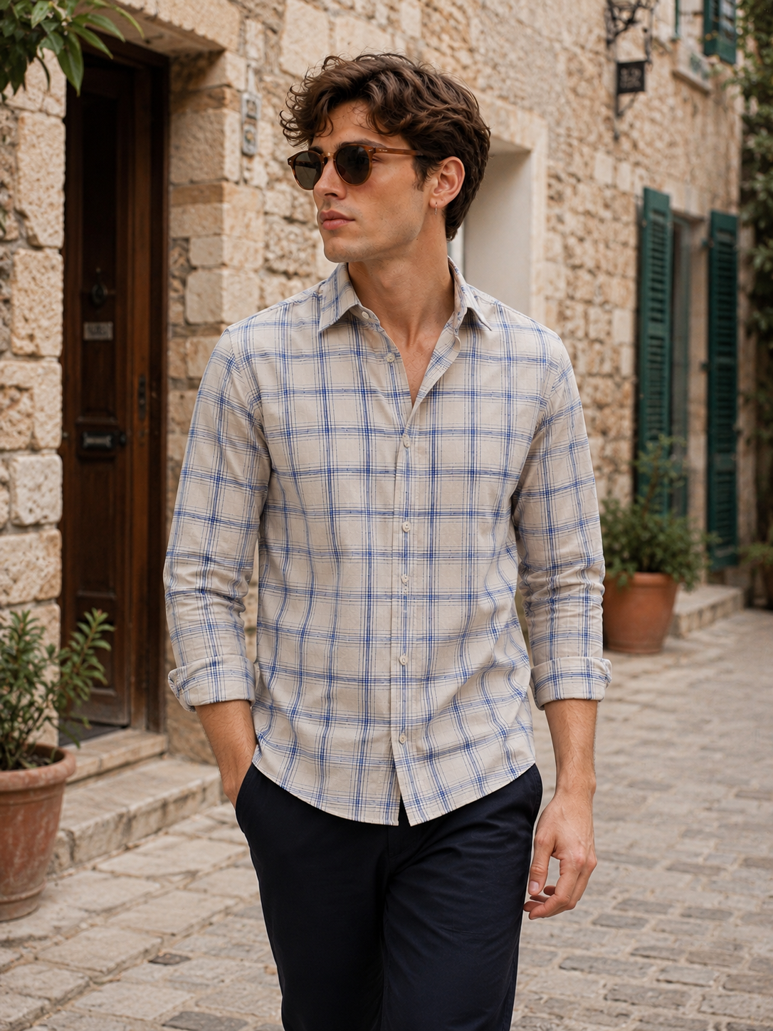 Cream & Blue Checkered Cotton Full Sleeve Shirt - 23148