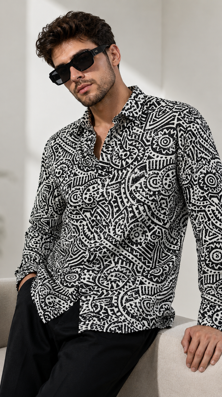 Men’s Black & White Abstract Print Premium Casual Shirt - 26254
