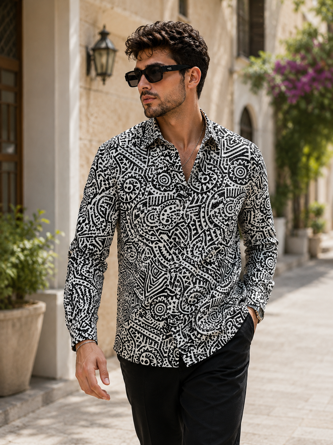 Men’s Black & White Abstract Print Premium Casual Shirt - 26254