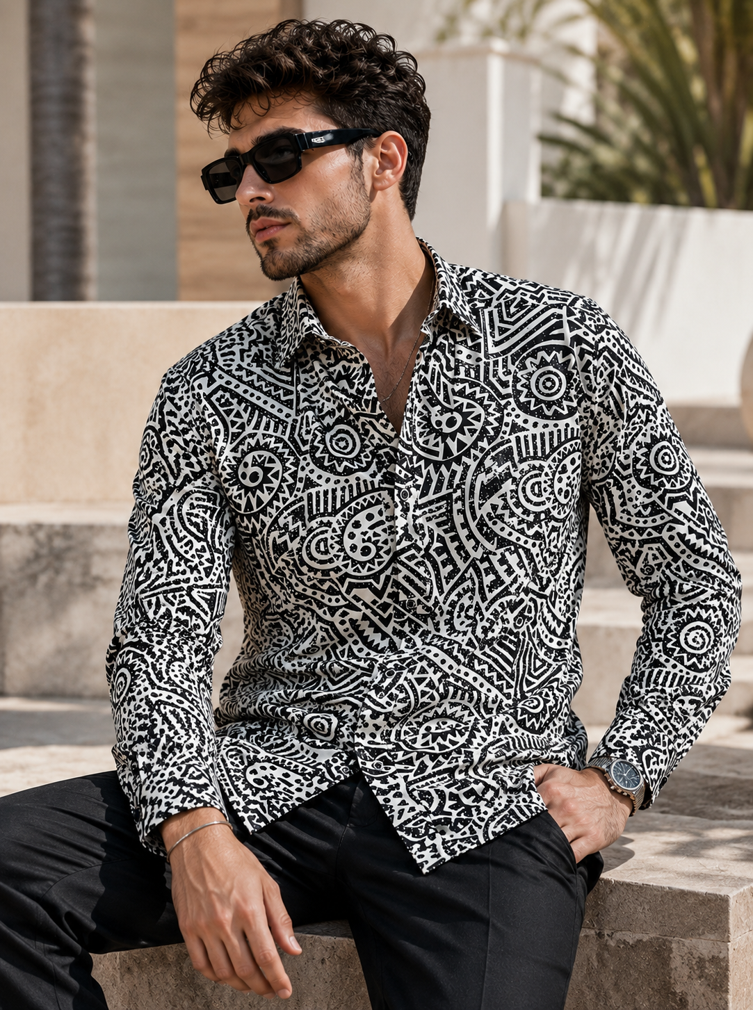 Men’s Black & White Abstract Print Premium Casual Shirt - 26254