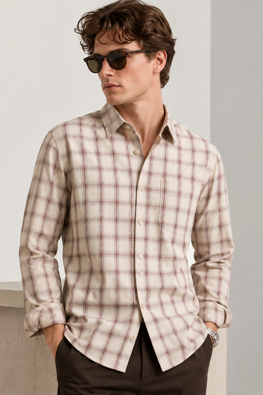 Cream & Maroon Plaid Check Full Sleeve Formal Shirt - 23149