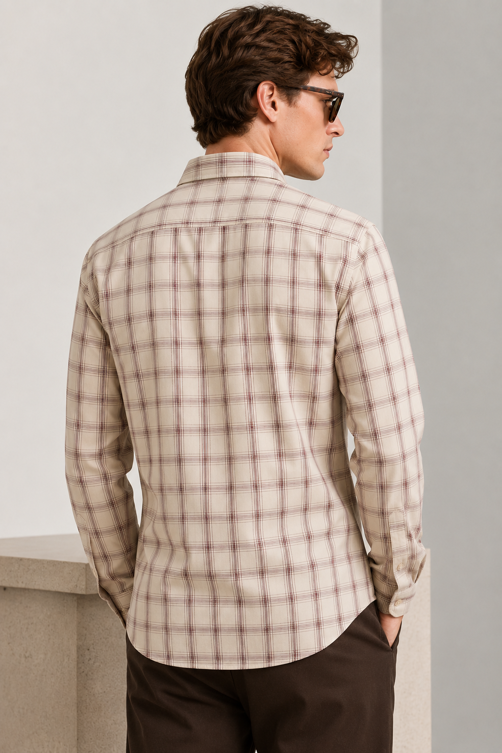 Cream & Maroon Plaid Check Full Sleeve Formal Shirt - 23149