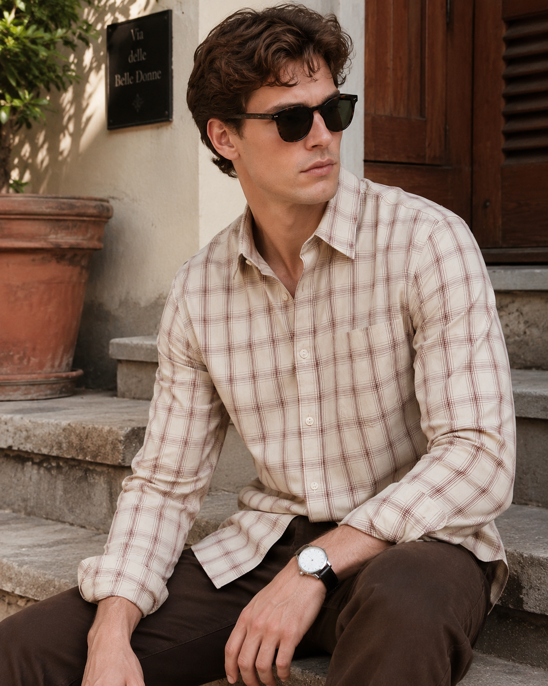 Cream & Maroon Plaid Check Full Sleeve Formal Shirt - 23149