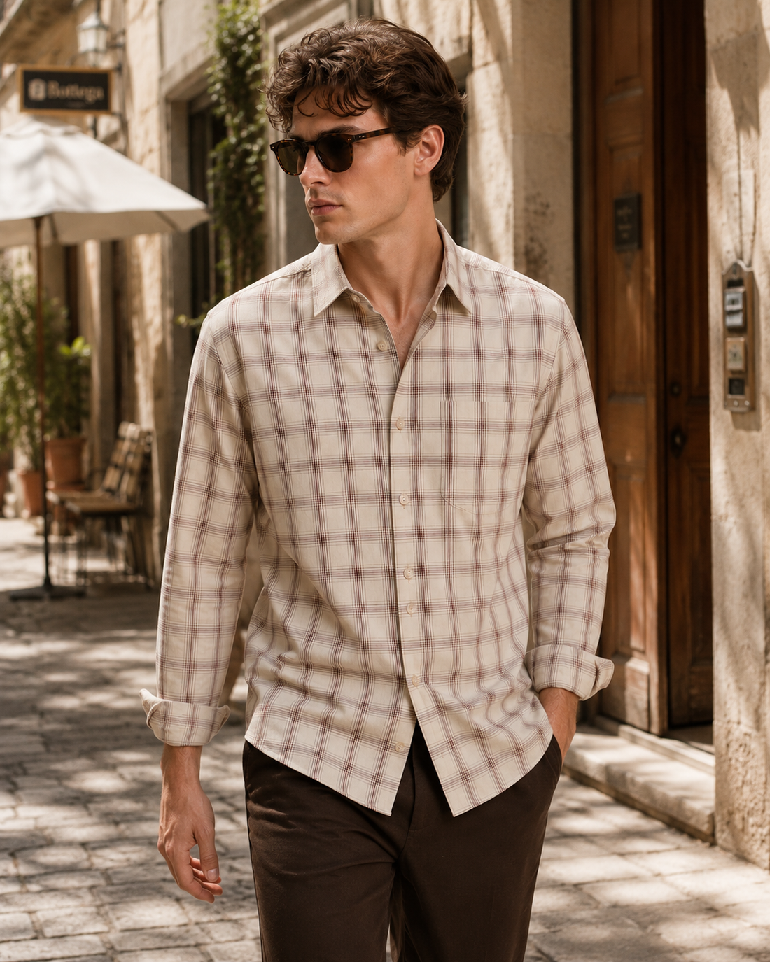 Cream & Maroon Plaid Check Full Sleeve Formal Shirt - 23149