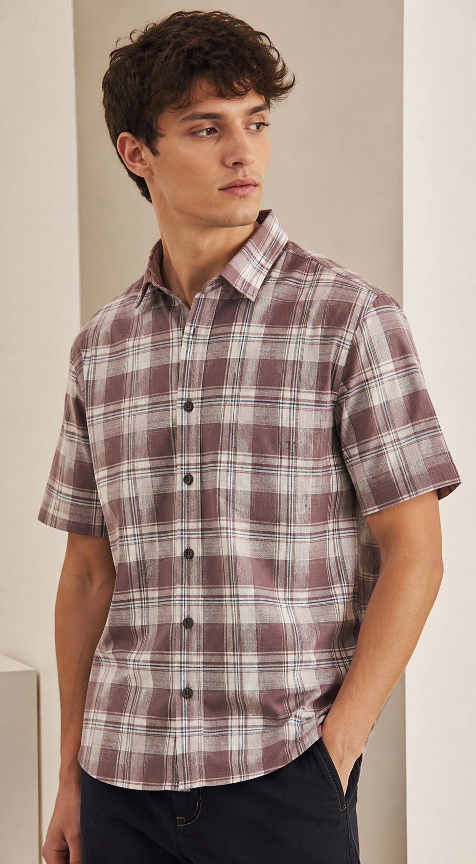 Dusty Rose Plaid Half Sleeve Casual Shirt - 27020