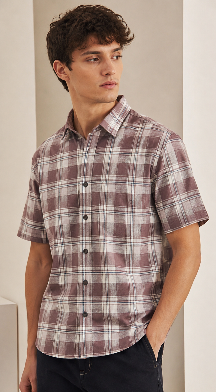 Dusty Rose Plaid Half Sleeve Casual Shirt - 27020