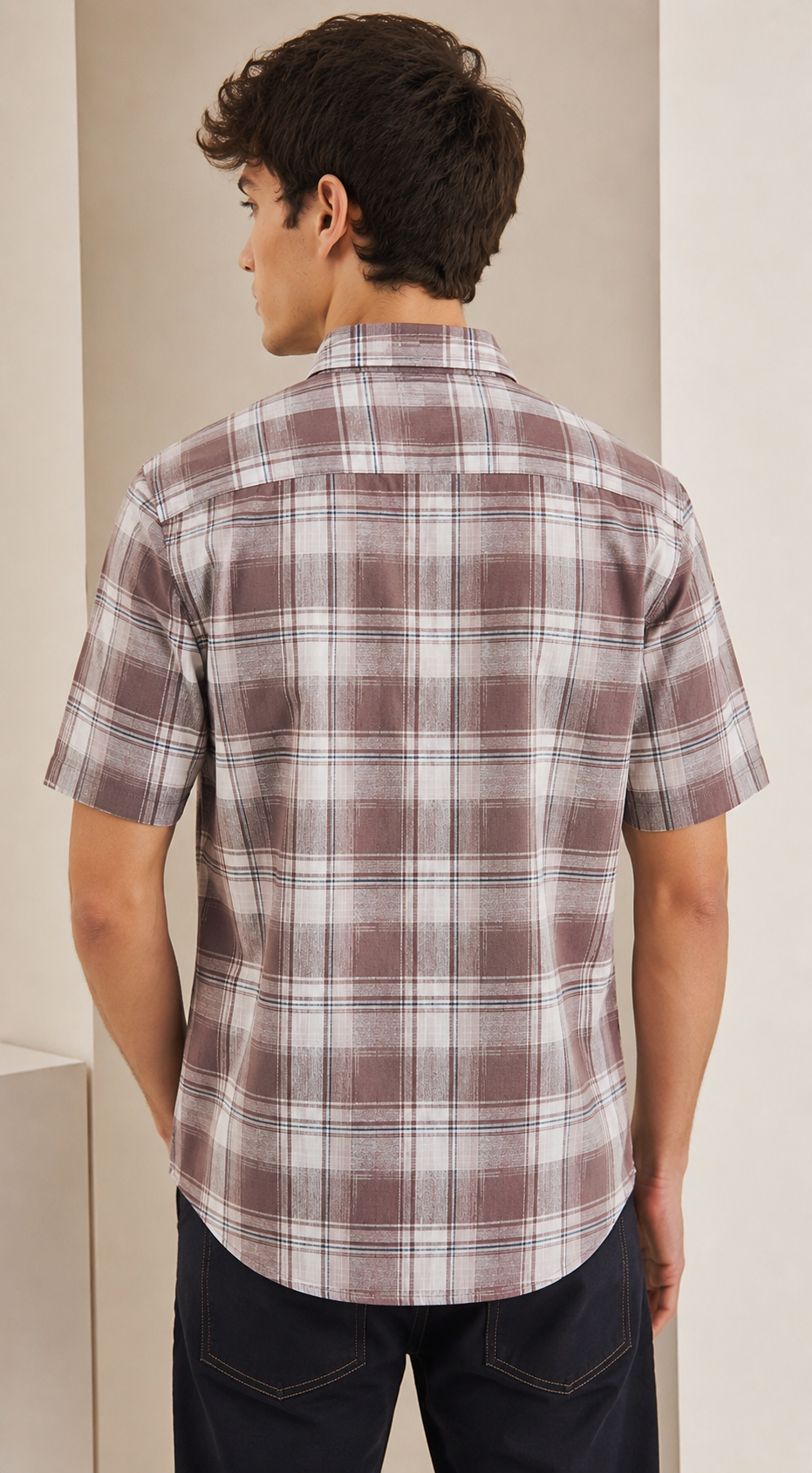 Dusty Rose Plaid Half Sleeve Casual Shirt - 27020