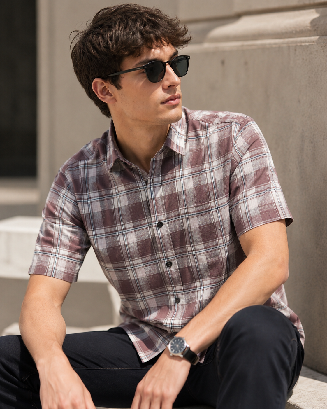 Dusty Rose Plaid Half Sleeve Casual Shirt - 27020