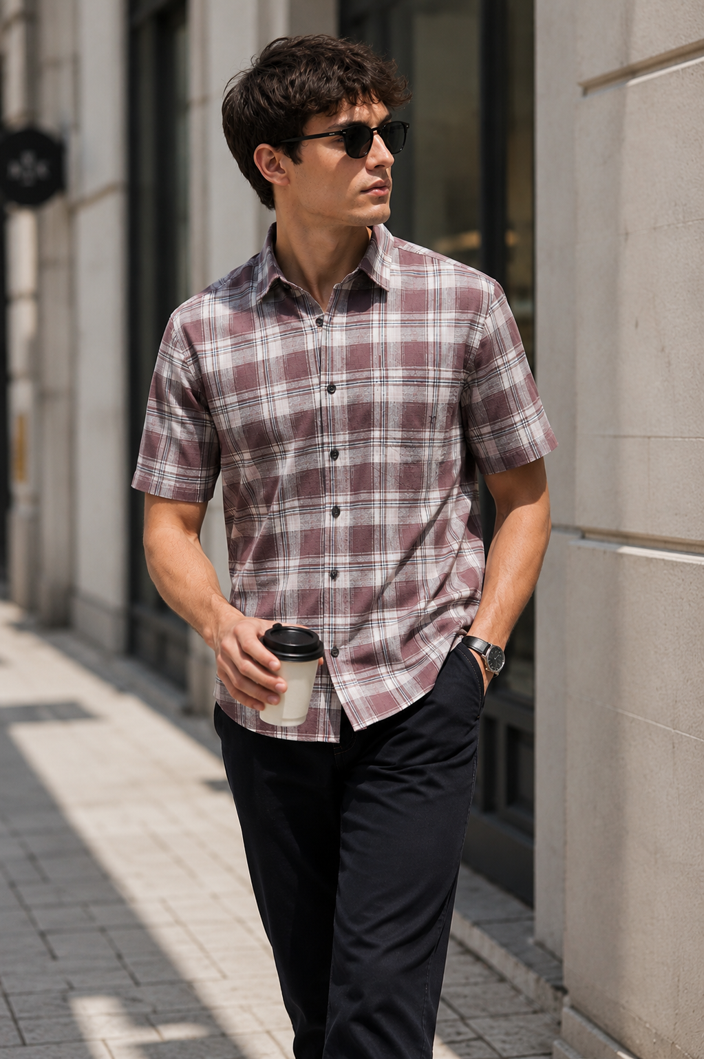 Dusty Rose Plaid Half Sleeve Casual Shirt - 27020