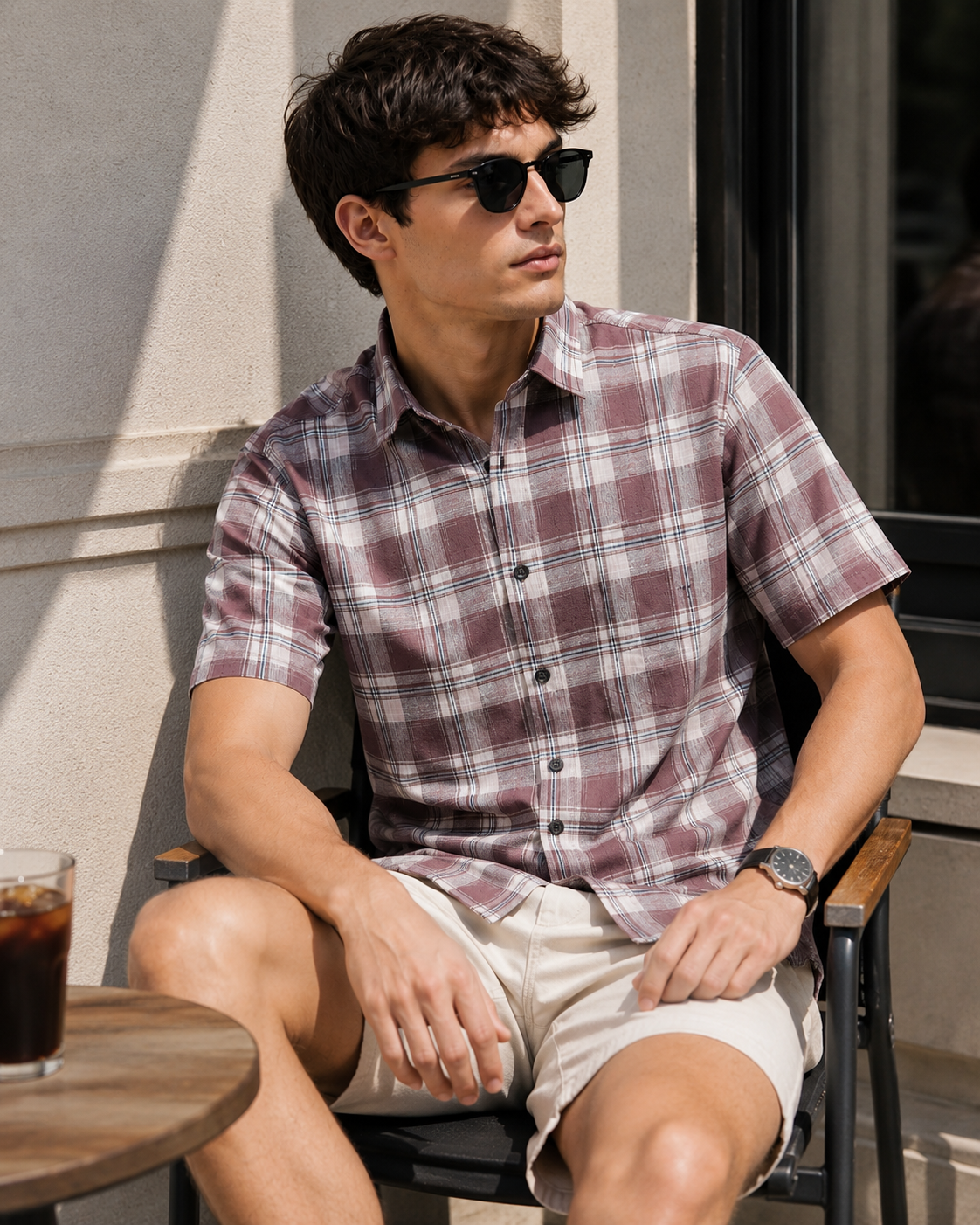Dusty Rose Plaid Half Sleeve Casual Shirt - 27020