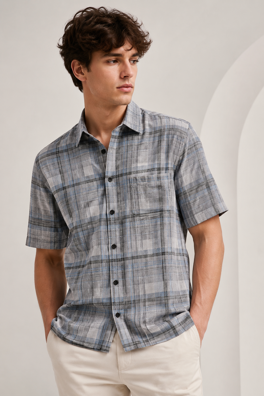 Sage Green Textured Plaid Cotton Casual Shirt - 27032