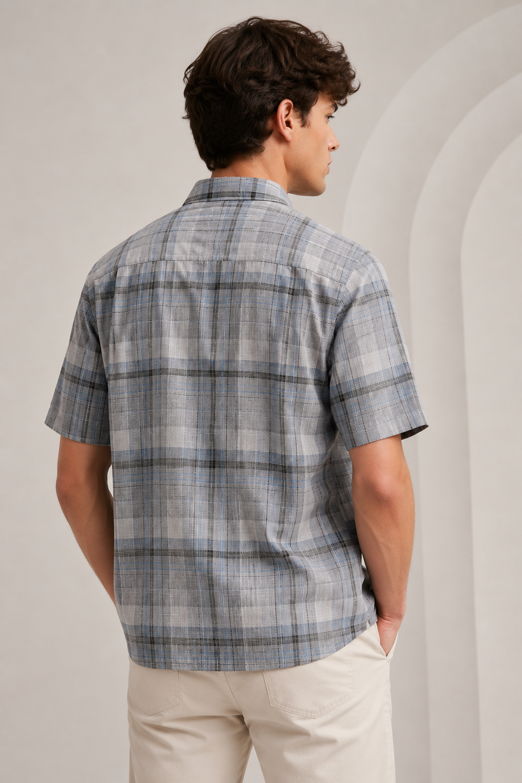 Sage Green Textured Plaid Cotton Casual Shirt - 27032